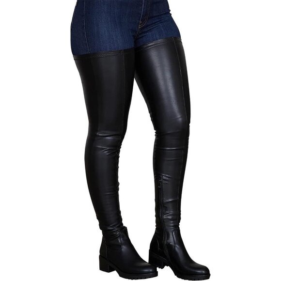 Women's Black Polyurethane Thigh High Over The Knee Rounded Toe Fashion Boots - Picture 4 of 6